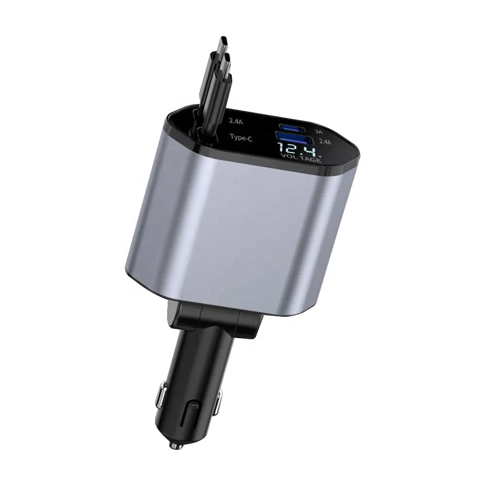 4-in-1 Retractable Fast Car Charger | PD Digital Display