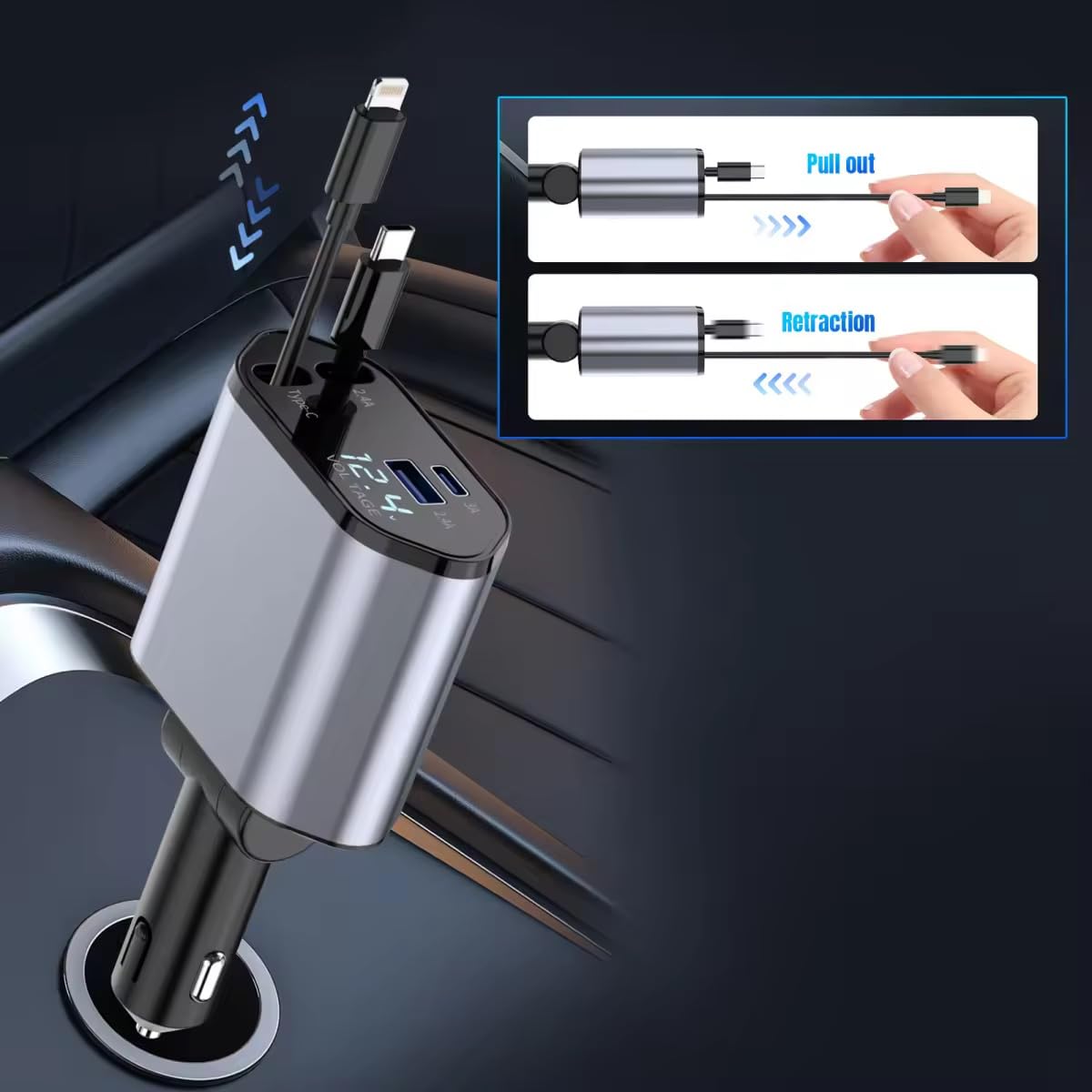 4-in-1 Retractable Fast Car Charger | PD Digital Display