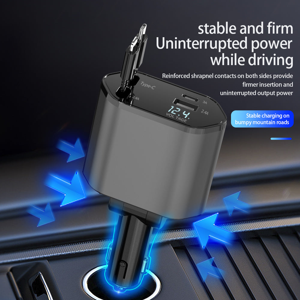 4-in-1 Retractable Fast Car Charger | PD Digital Display