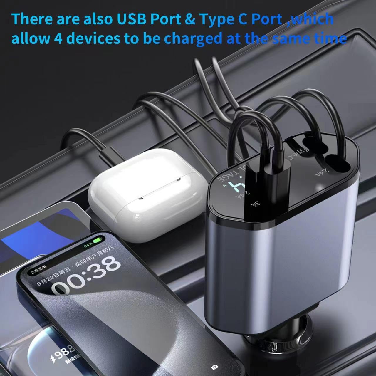 4-in-1 Retractable Fast Car Charger | PD Digital Display