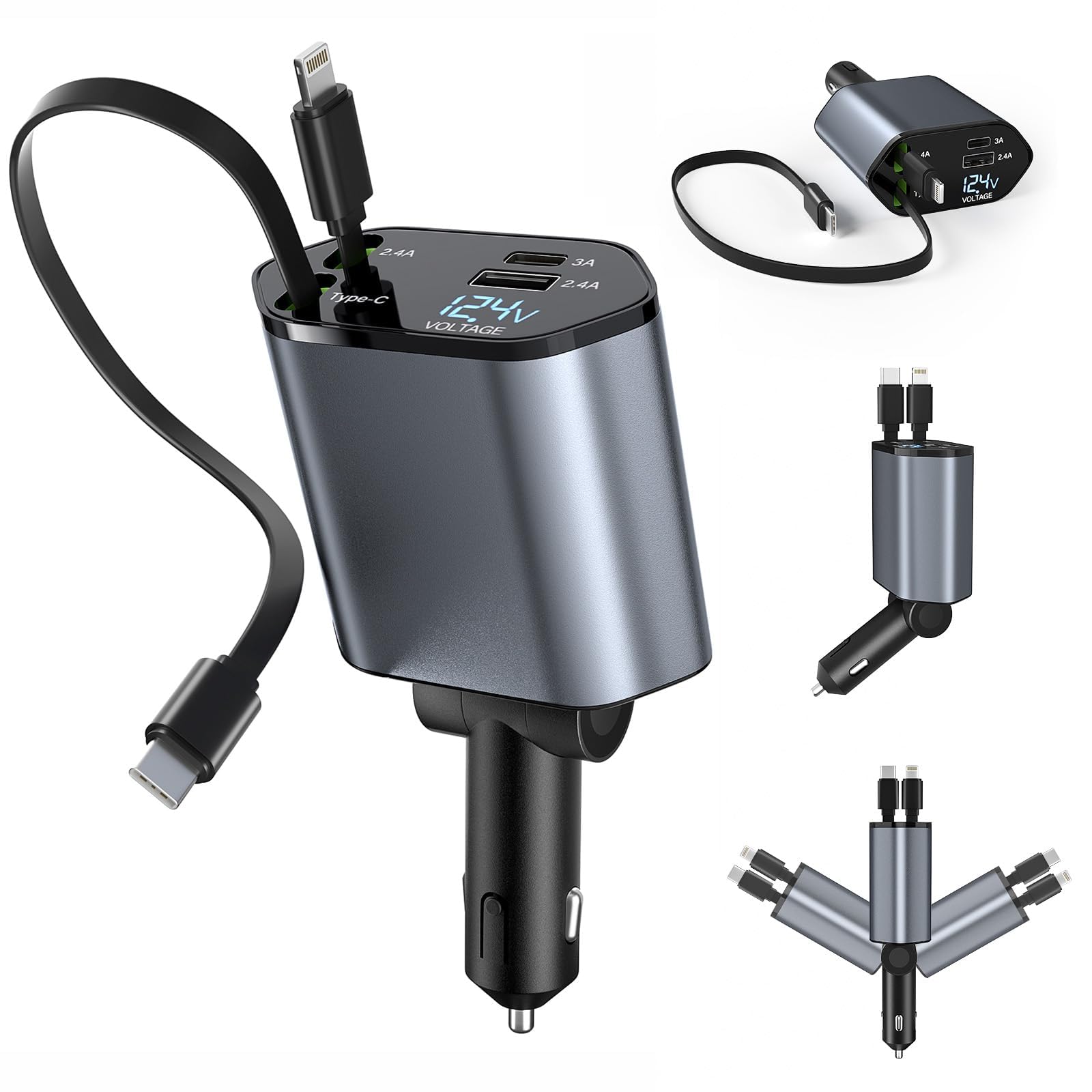 4-in-1 Retractable Fast Car Charger | PD Digital Display