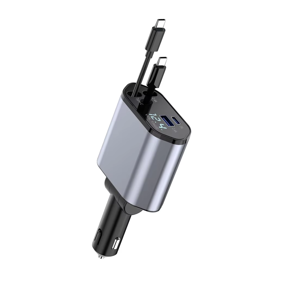4-in-1 Retractable Fast Car Charger | PD Digital Display