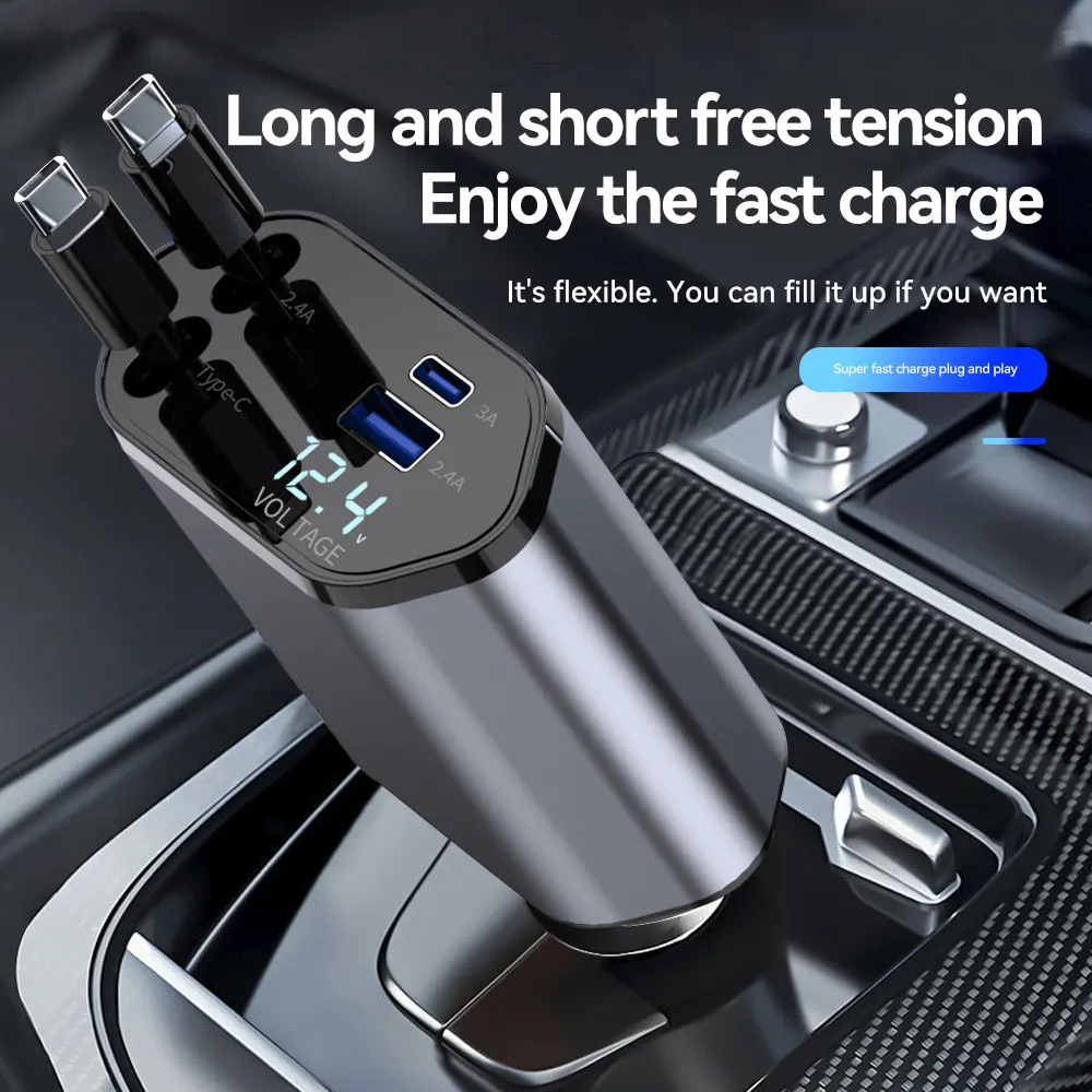 4-in-1 Retractable Fast Car Charger | PD Digital Display